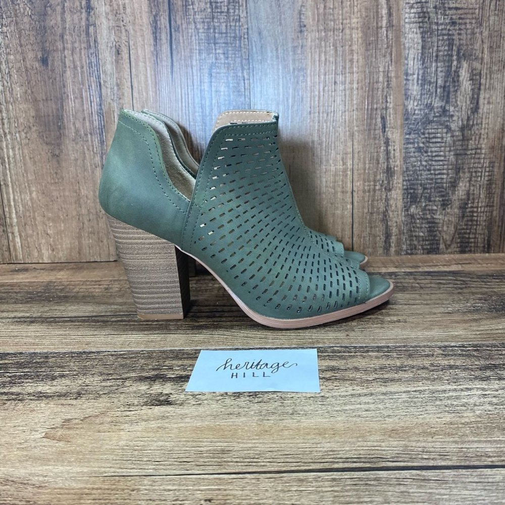 Restricted Green Perforated Suede Peep Toe Booties- Womens 7.5